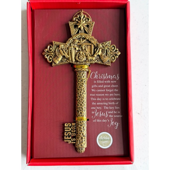 Other - Jesus Is Born Key Cross Ornament New Resin Gold Embossed Nativity Scene 7.25"